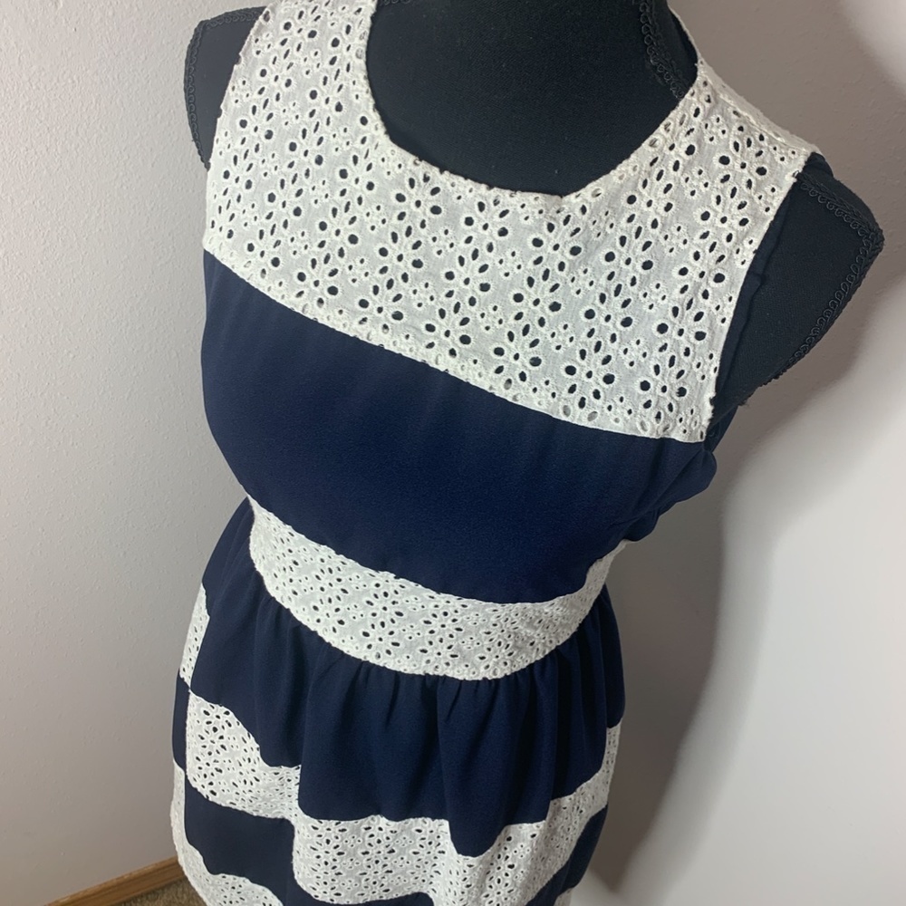 Esley Blue & White Sleeveless Fit & Flare Dress - Picture 2 of 8